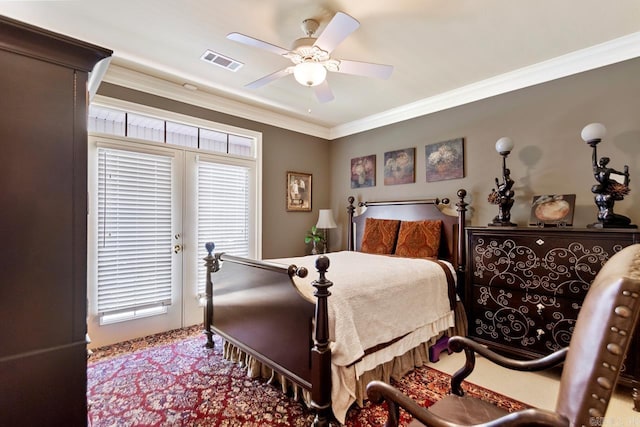 bedroom featuring a ceiling fan, visible vents, access to outside, and crown molding