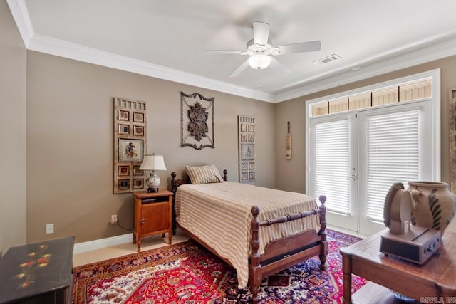 bedroom with visible vents, access to exterior, crown molding, baseboards, and ceiling fan