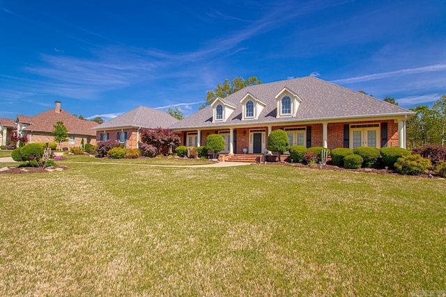 cape cod house featuring brick siding, a porch, and a front yard