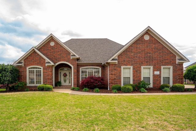 view of front facade with a front lawn, brick siding, and roof with shingles