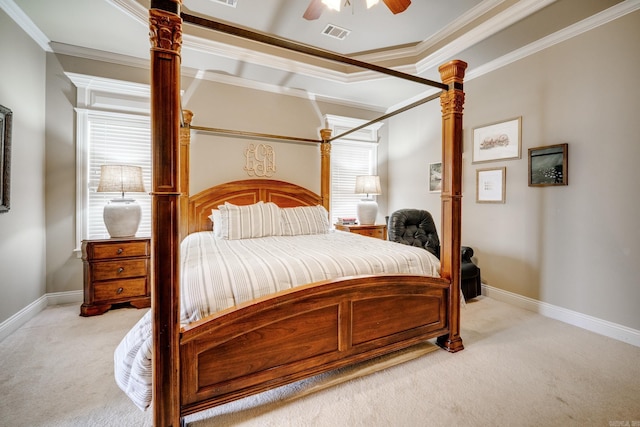 bedroom featuring a ceiling fan, crown molding, light colored carpet, baseboards, and visible vents