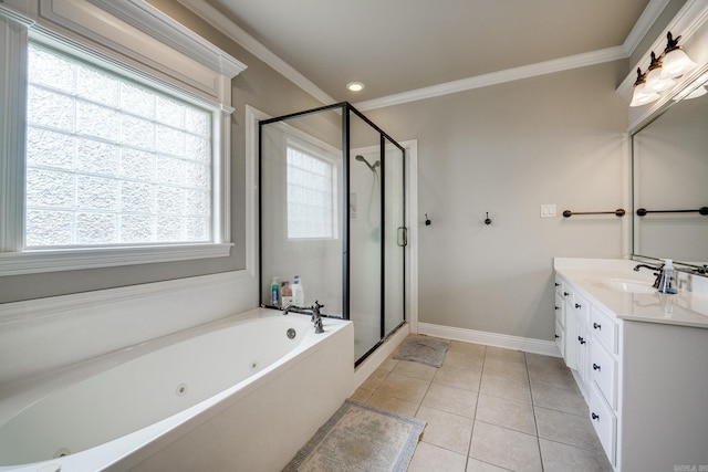 full bath featuring a whirlpool tub, a healthy amount of sunlight, vanity, and a stall shower
