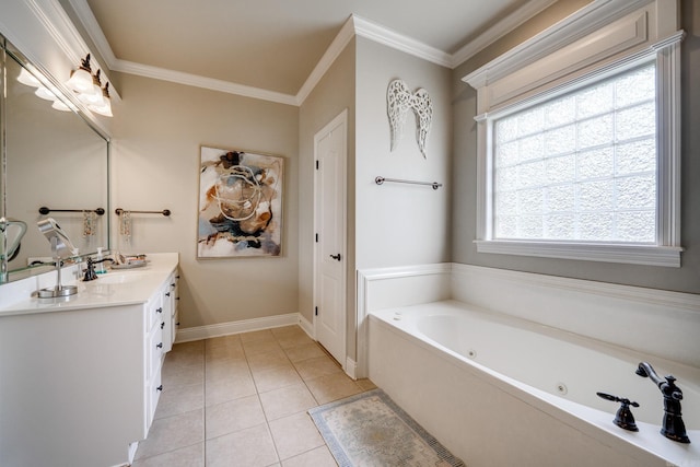 full bathroom featuring a tub with jets, crown molding, tile patterned floors, double vanity, and baseboards