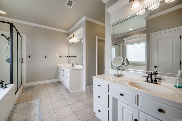 bathroom featuring visible vents, a sink, a shower stall, and ornamental molding