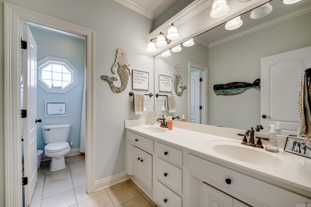 full bathroom featuring tile patterned floors, a sink, and crown molding
