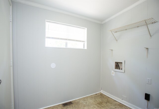 2602 S Taylor St, Little Rock, AR 72204 - laundry room with hookup for a washing machine, visible vents, baseboards, ornamental molding, and laundry area