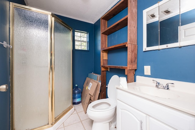 full bathroom featuring a shower stall, visible vents, and toilet