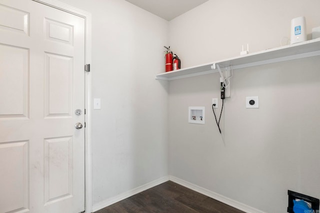 4472 Olympic, Benton, AR 72019 - laundry area featuring dark wood finished floors, laundry area, hookup for an electric dryer, hookup for a washing machine, and baseboards