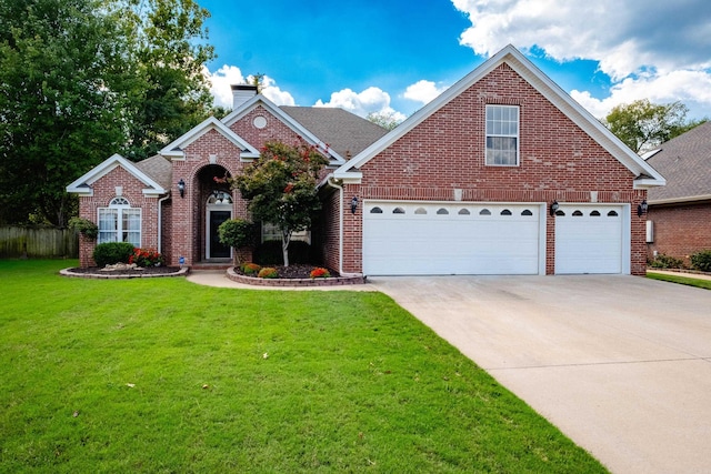 131 Hidden Valley Loop, Maumelle, AR 72113 - traditional-style home featuring a chimney, brick siding, a front yard, and concrete driveway