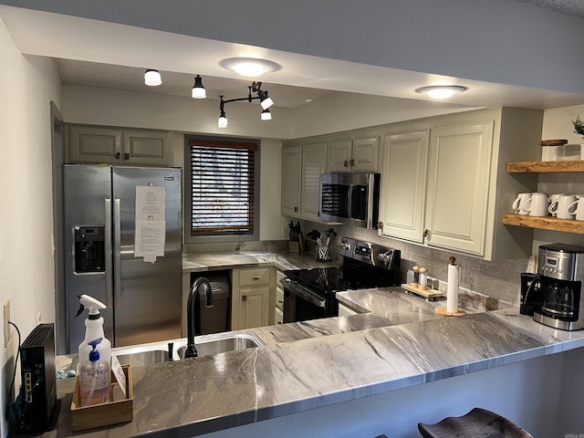 kitchen with open shelves, a sink, stainless steel appliances, backsplash, and a peninsula