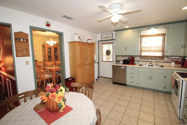 1111 Willow St, Sheridan, AR 72150 - kitchen with stainless steel dishwasher, white electric range oven, a sink, visible vents, and light countertops