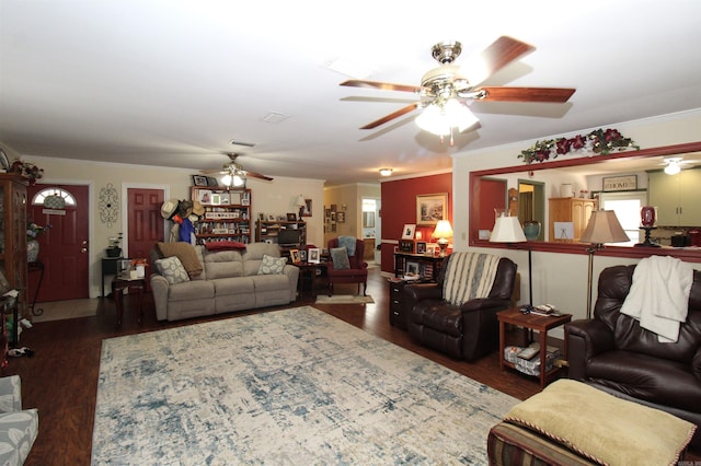 1111 Willow St, Sheridan, AR 72150 - living room with visible vents, a ceiling fan, wood finished floors, and ornamental molding