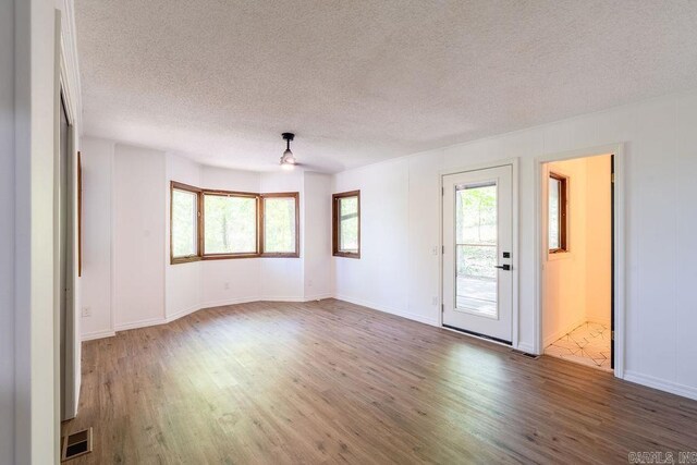spare room featuring a healthy amount of sunlight, wood finished floors, and a textured ceiling
