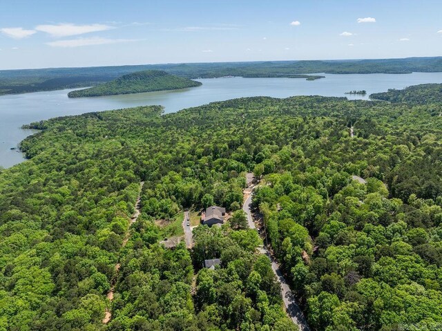 drone / aerial view with a forest view and a water view