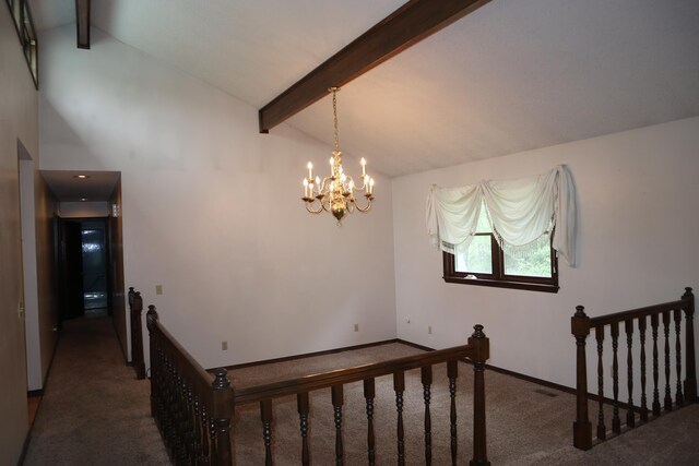 stairway featuring carpet, beamed ceiling, baseboards, high vaulted ceiling, and a notable chandelier