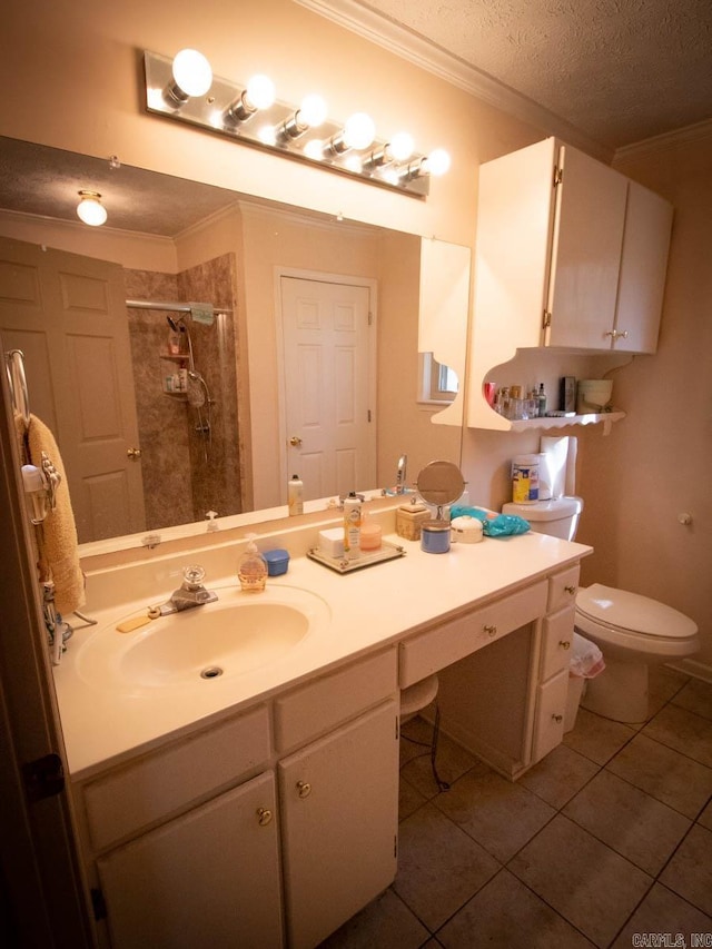 bathroom with crown molding, tile patterned floors, a textured ceiling, a stall shower, and toilet