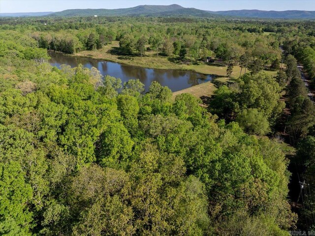 aerial view with a view of trees and a water and mountain view