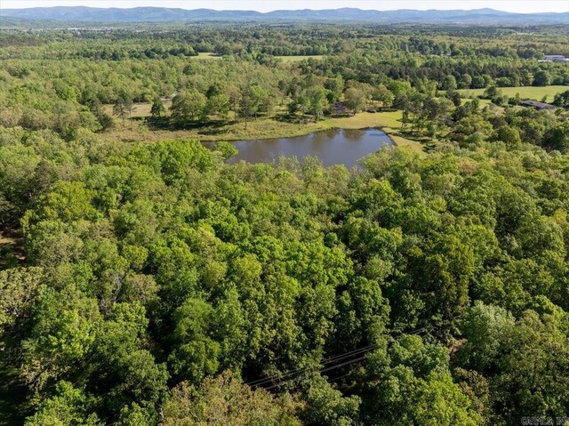 birds eye view of property with a view of trees and a water and mountain view