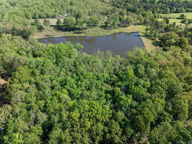 drone / aerial view with a forest view and a water view