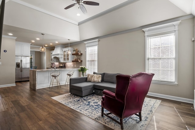 14812 Pride Valley Rd, Little Rock, AR 72223 - living room featuring a ceiling fan, recessed lighting, ornamental molding, and a healthy amount of sunlight