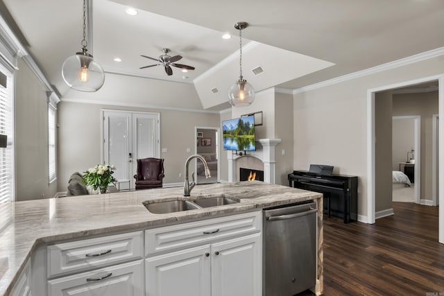 14812 Pride Valley Rd, Little Rock, AR 72223 - kitchen with stainless steel dishwasher, a ceiling fan, a sink, a lit fireplace, and white cabinets