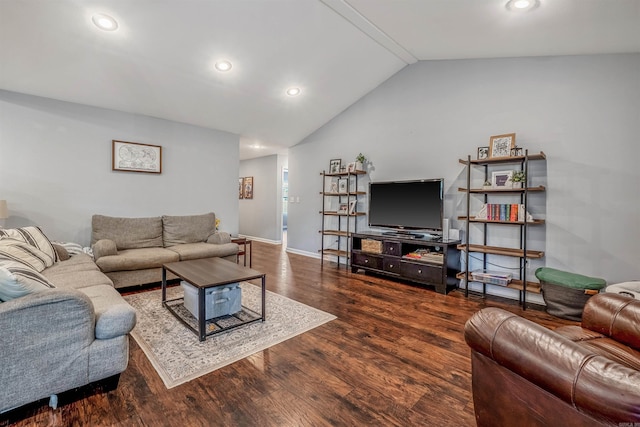 living area featuring baseboards, lofted ceiling, wood finished floors, and recessed lighting