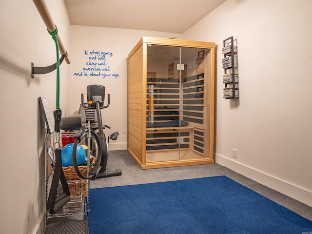 exercise area featuring baseboards and carpet flooring