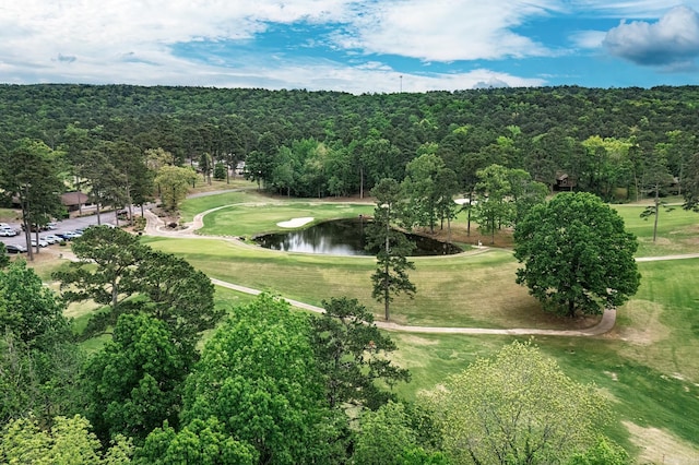 surrounding community featuring a wooded view, golf course view, a lawn, and a water view