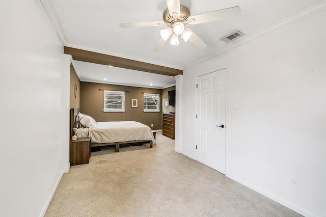 2312 Breckenridge Dr, Little Rock, AR 72227 - bedroom with ceiling fan, baseboards, ornamental molding, carpet flooring, and visible vents