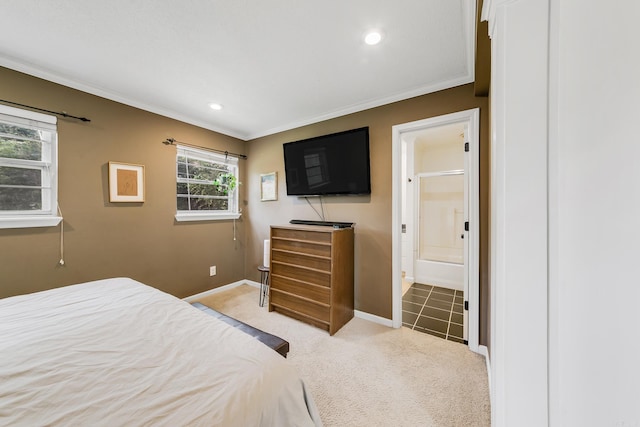 2312 Breckenridge Dr, Little Rock, AR 72227 - bedroom with light carpet, baseboards, recessed lighting, connected bathroom, and ornamental molding