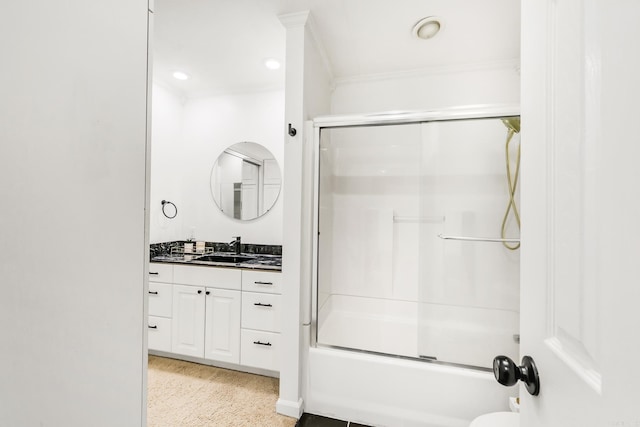 2312 Breckenridge Dr, Little Rock, AR 72227 - full bathroom featuring recessed lighting, ornamental molding, vanity, and enclosed tub / shower combo
