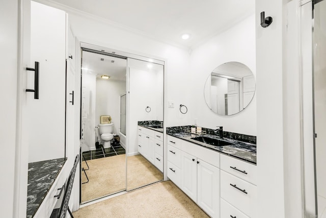 2312 Breckenridge Dr, Little Rock, AR 72227 - full bathroom featuring crown molding, vanity, a shower, toilet, and visible vents