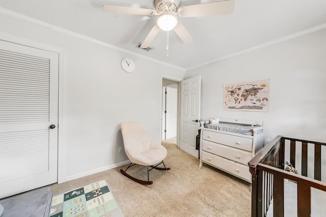 2312 Breckenridge Dr, Little Rock, AR 72227 - bedroom with light carpet, crown molding, visible vents, and baseboards