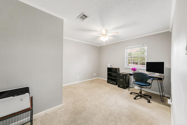 2312 Breckenridge Dr, Little Rock, AR 72227 - office featuring baseboards, visible vents, a ceiling fan, crown molding, and carpet floors