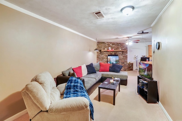 5907 Jacksonville Conway Rd, Jacksonville, AR 72076 - carpeted living room featuring baseboards, a ceiling fan, visible vents, and crown molding