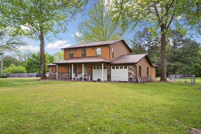 5907 Jacksonville Conway Rd, Jacksonville, AR 72076 - view of front of property featuring covered porch, stone siding, a front lawn, and fence
