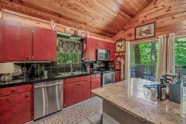 kitchen featuring lofted ceiling, stainless steel appliances, a sink, and plenty of natural light