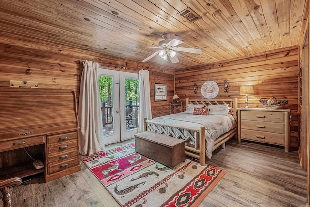 bedroom featuring visible vents, access to outside, ceiling fan, wooden ceiling, and wood-type flooring