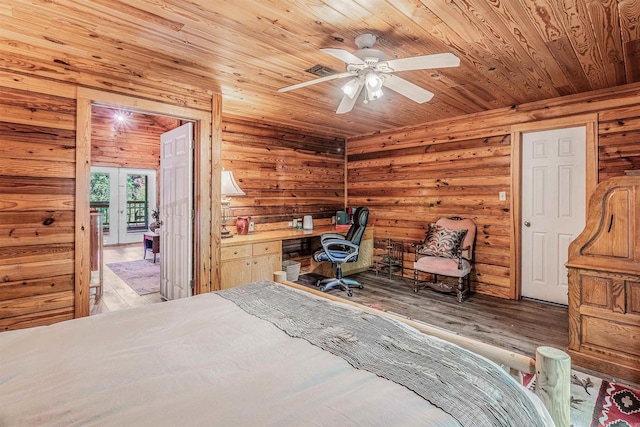 bedroom featuring wood finished floors, ceiling fan, wooden ceiling, access to outside, and visible vents
