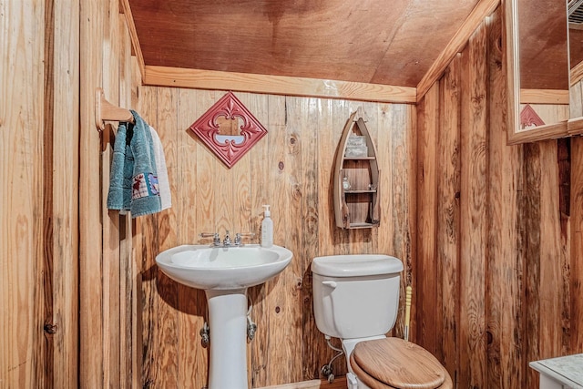 bathroom with toilet and wooden walls