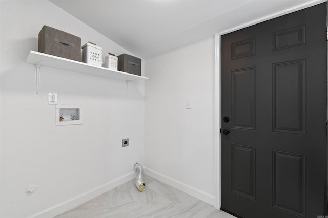 laundry room with hookup for a washing machine, laundry area, electric dryer hookup, marble finish floor, and baseboards