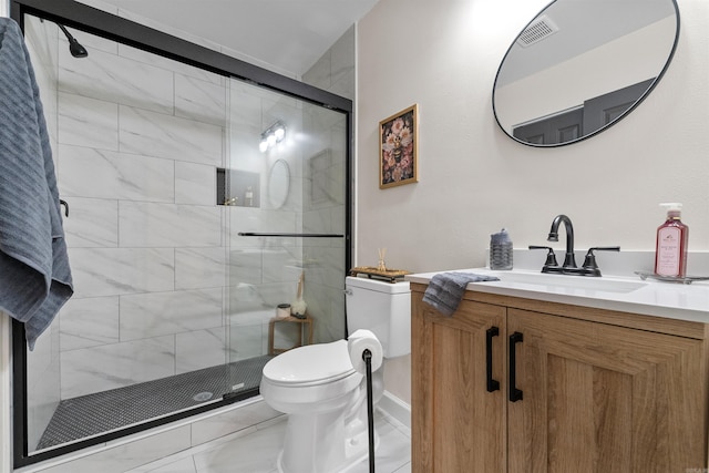 full bathroom with visible vents, a shower stall, toilet, and vanity