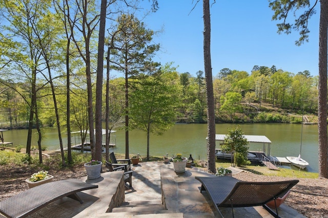 view of patio featuring a water view, a view of trees, and a dock