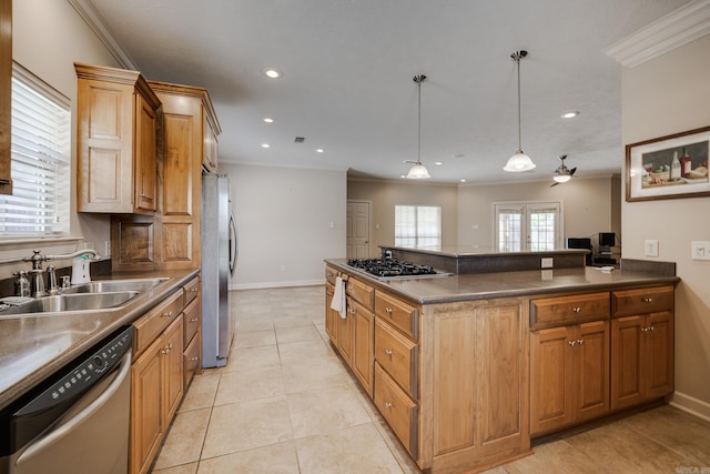 505 Fieldstone, Conway, AR 72034 - kitchen with crown molding, a sink, baseboards, stainless steel appliances, and recessed lighting