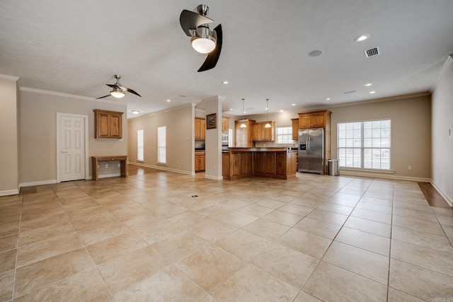 505 Fieldstone, Conway, AR 72034 - unfurnished living room featuring a ceiling fan, baseboards, light tile patterned floors, visible vents, and ornamental molding
