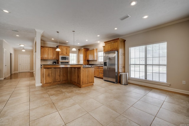 505 Fieldstone, Conway, AR 72034 - kitchen with crown molding, visible vents, recessed lighting, light tile patterned floors, and stainless steel appliances