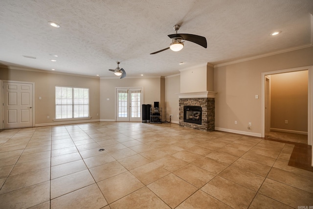 505 Fieldstone, Conway, AR 72034 - unfurnished living room with crown molding, a ceiling fan, light tile patterned floors, and a fireplace