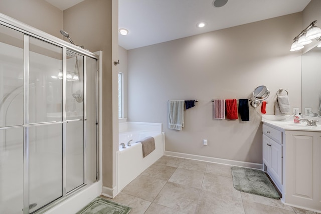505 Fieldstone, Conway, AR 72034 - full bath featuring tile patterned floors, a shower stall, a bath, and vanity