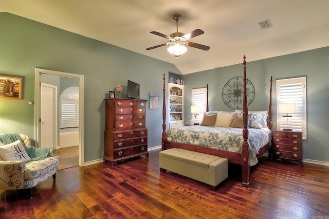 bedroom featuring visible vents, ceiling fan, baseboards, and wood-type flooring