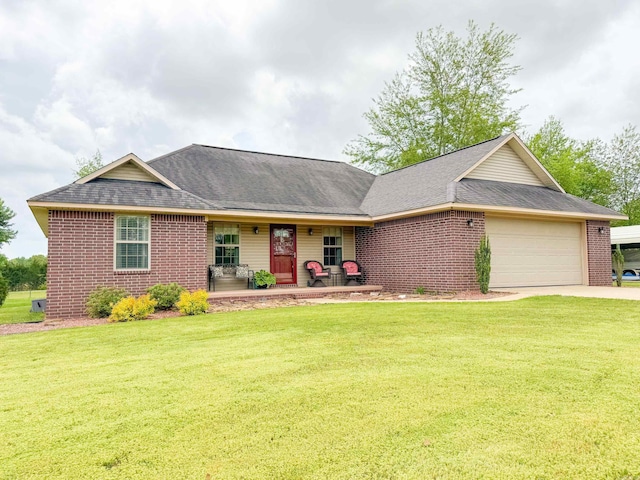 single story home with a front lawn, a garage, covered porch, and brick siding